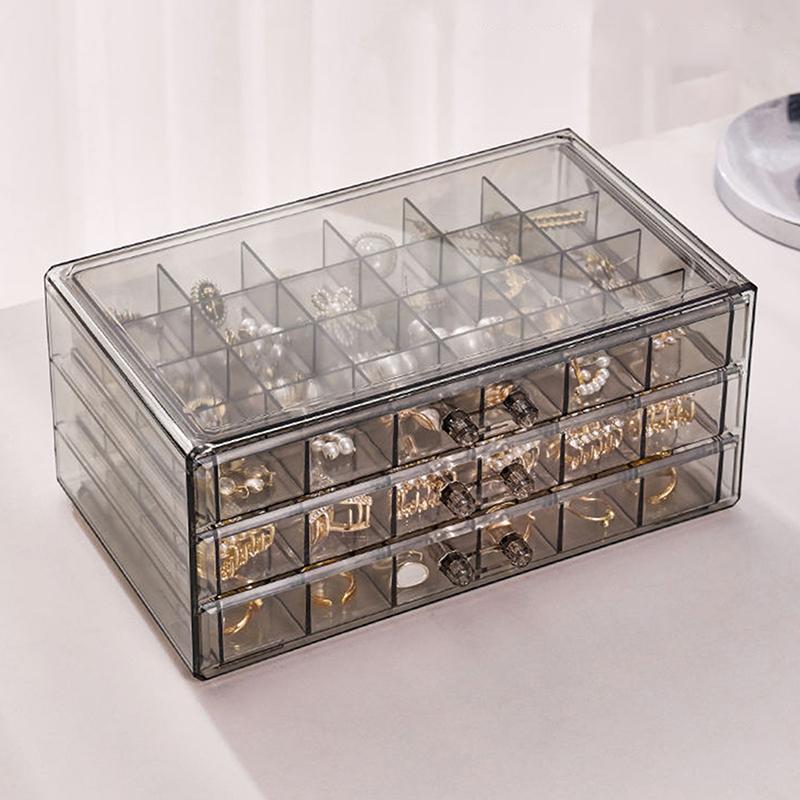 1 Pack 3 Layer 72 Grid Large Capacity Ring Earring Necklace Jewelry Storage Box Desktop Drawer Organizer Dust-Proof Storage Box