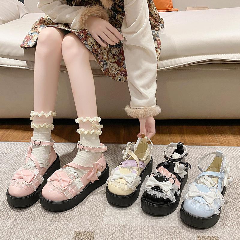 Small Leather Shoes Bow Cute Mary Jane Shoes 2025 New Loli Women Sweet Lace Edge Thick Heel Buckle Leather Shoes