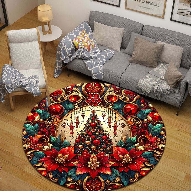 Eclectic Round Christmas Multicolor Accent Rug, Non-Slip Floor Mat for Living Room