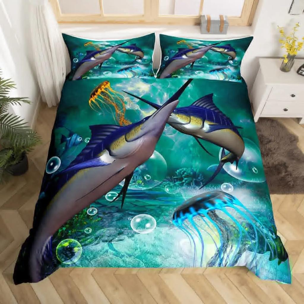 Marlin Swordfish Duvet Cover Set Hunting Fishing Bedding Set Tie Dye Sea Fishing Boat Marine Life Nautical Comforter Cover Queen