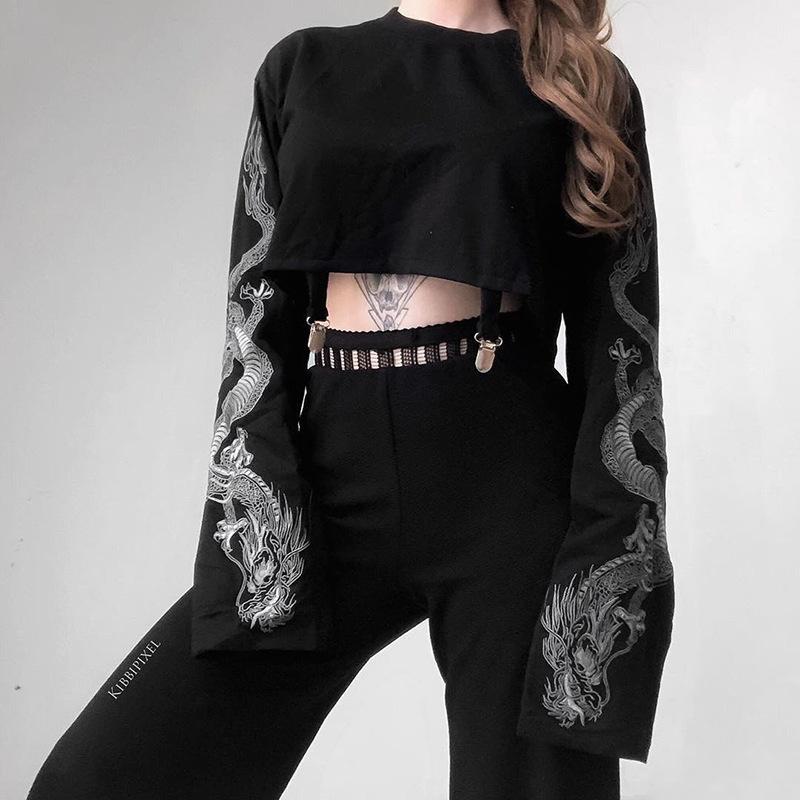 Women Dragon Print Long Sleeve Crop Top Loose Goth Style Cropped Sweatshirt Streetwear Casual Pullover