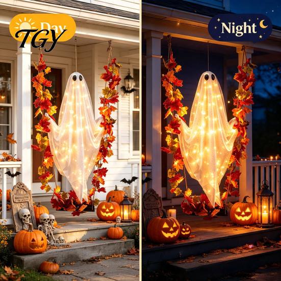 Indoor Party Atmosphere Props Swinging Ghost Outdoor Decor, Large Halloween Hanging with Maple Leaf Battery Operated Lights Vine And Remote