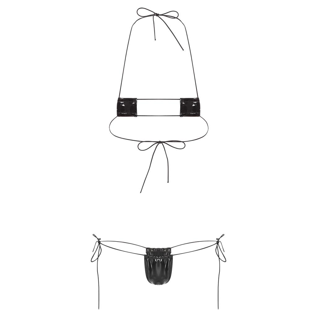Womens Wet Look Halter Bikini Set High Shine Micro G-string with Adjustable Lace-Up Bra