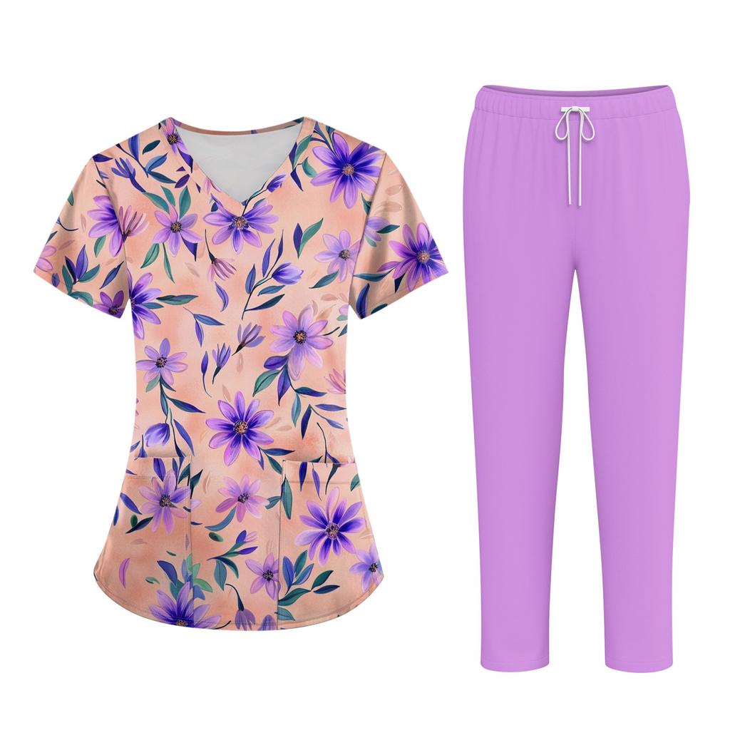 Plus SizePrinted Scrub Working Uniform Tops For Women's Cross V-Neck Halloween Print Short Sleeve Fun T-Shirts Workwear Tee With Pockets