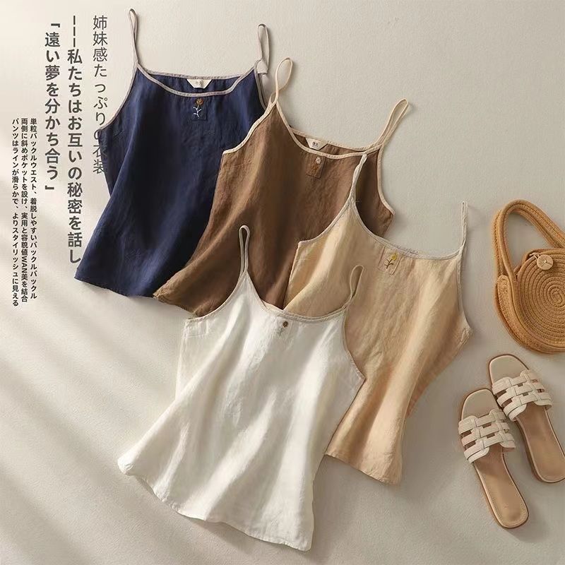Винтажный вышитый льняной топ-комбинезон для женщин, летний свободный повседневный простой топ без рукавов