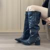 Но женские ботфорты 2025 осень и зима хаки замшевые остроносые сапоги детские толстый каблук тонкие плиссированные сапоги-гармошка