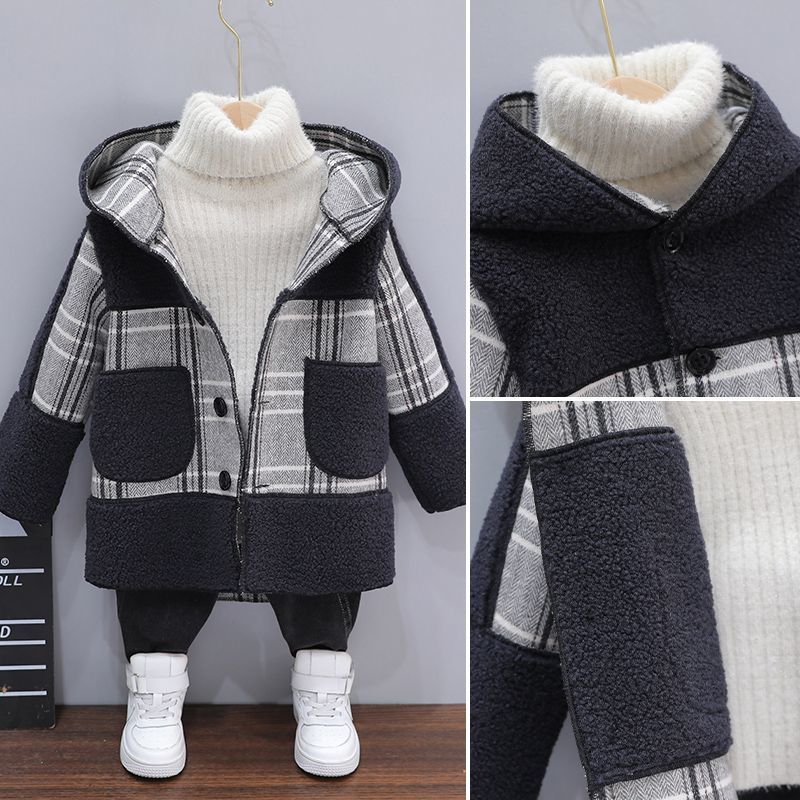 Шерстяное пальто для мальчиков с зимней флисовой клеткой, детское хлопковое пальто, повседневное шерстяное пальто для детей 6-12 лет