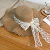 Women's Summer French Style Lace Bowknot Strapped Straw Hat Vacation Beach Sun Hat Wide Brim Sun Protection Hat for Seaside Trips