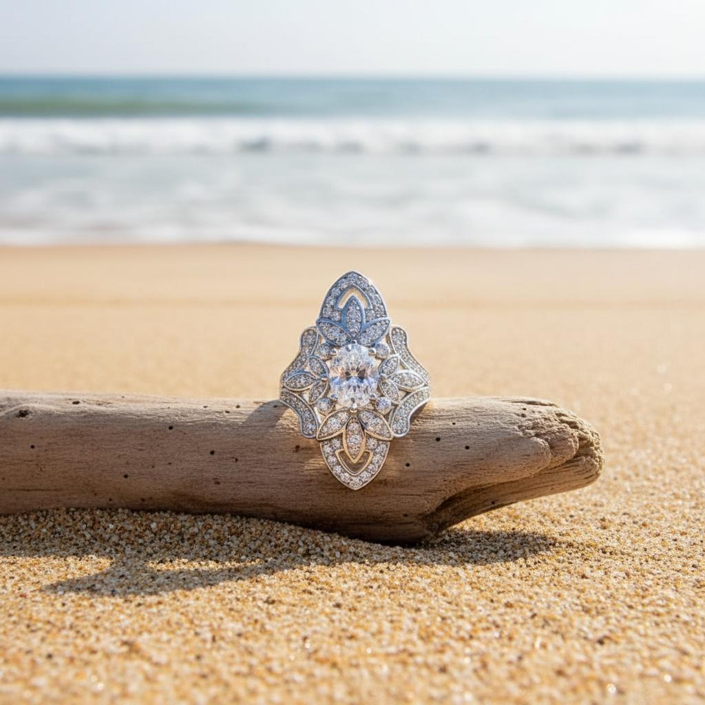 Christmas Silver Cubic Zirconia Women's Cocktail Ring with Vintage Filigree Snowflake Halo Design, Suitable for Holiday Parties, New Year's Eve,