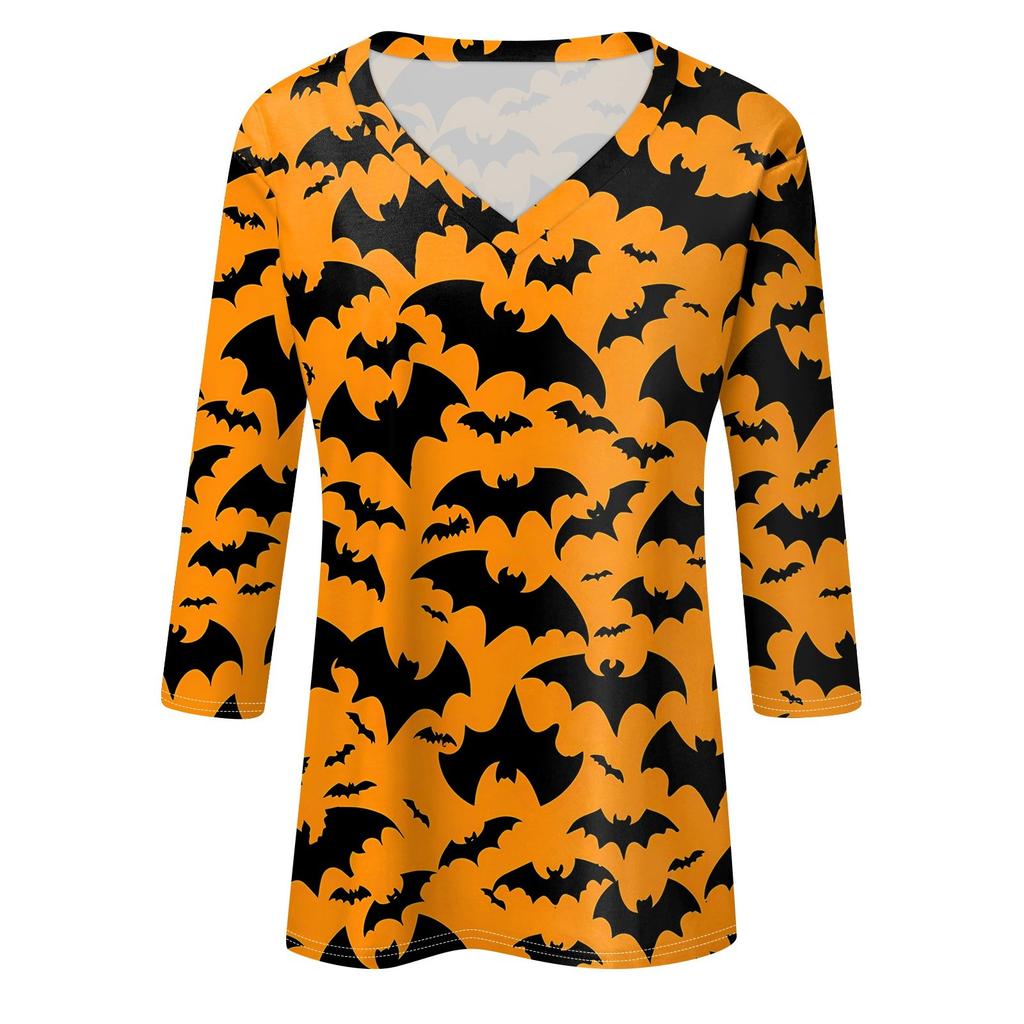 Shirt For Women's Fashion Casual V Neck 3/4 Sleeve Loose Halloween Printed T-Shirt Ladies Top