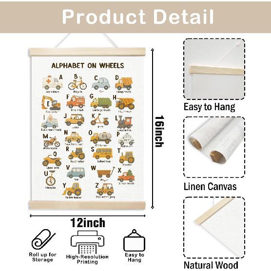 Voxitura Car Alphabet Poster Hanger Frame, Nursery Traffic Wall Decor Art Canvas for Playroom Kids Toddler Boy Room Classroom, Cute ABC Prints for