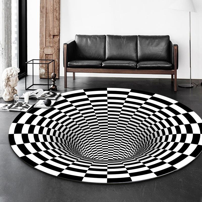 Disney Black White Plaid 3D Visual Carpet Circular Vortex Living Room Coffee Table Sofa Floor Mat Bedroom Home Decor Rug