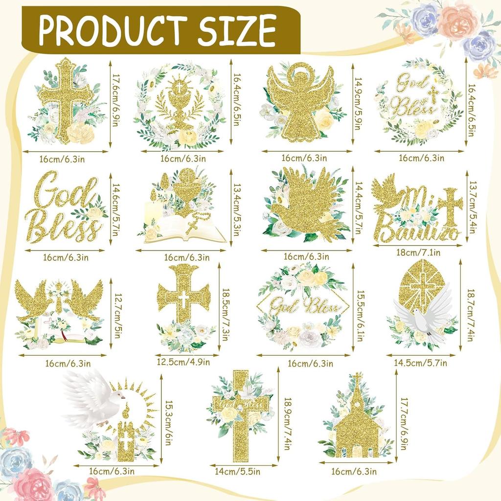 36 Pcs Gold Floral Cross Hanging Swirls Decorations Set, First Holy Communion Ceremony Religious Party Swirls Streamers Supplies Ceiling Decor for