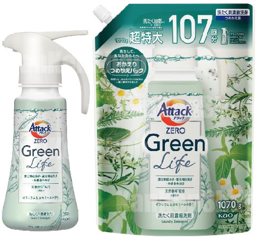 Kao Attack ZERO Green Life Тип для одной руки, 380 г + Большой дополнительный сменный блок, 1070 г