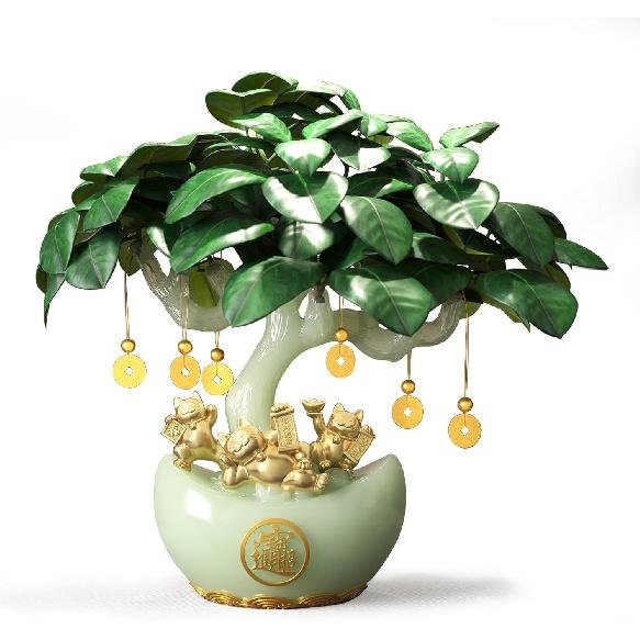 13.8" Chinese Money Tree with Synthetic Jade Base, Artificial Tree Feng Shui Wealth Decor with Golden Fortune Cat, Yuanbao Flower Pot & Coin Pendant