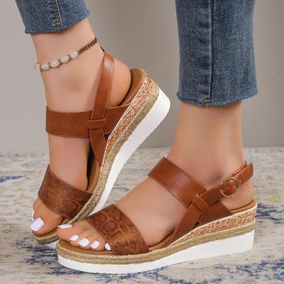 Женские босоножки на танкетке Lucyever со змеиным принтом 2024 года, летние босоножки на платформе больших размеров, женские повседневные нескользящие пляжные сандалии