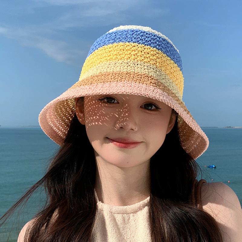 Японская милая радужная соломенная шляпа с красочным краем, большая плетеная из травы шляпа рыбака, пляжная шляпа-зонтик, шляпа-ведро для воды