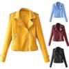 Solid Color Women Faux Leather Lapel Motorcycle Jacket Long Sleeve Zip Up Coat