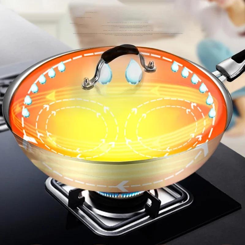 Сковорода Wok 32 см с антипригарным покрытием, не образующая дыма, из нержавеющей стали 304 со стеклянной крышкой, бытовая плита Wok без покрытия, подходит для газовой плиты