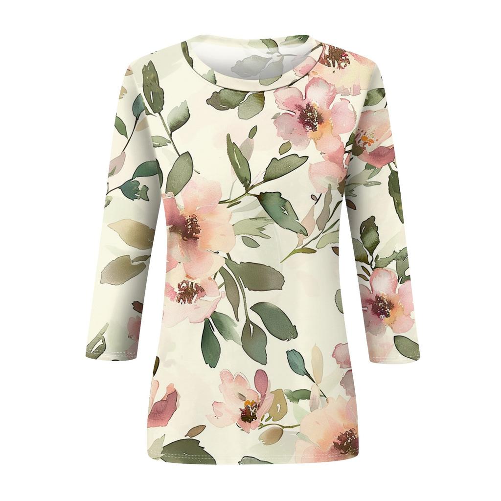 Женская модная повседневная футболка с круглым вырезом и принтом 3/4