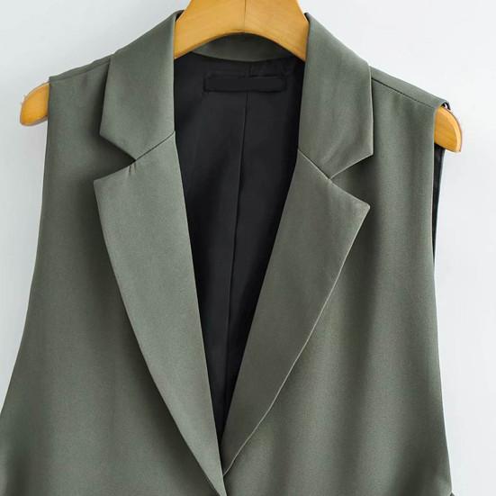 Women Vest Coat Turn-down Collar Sleeveless Loose Solid Color Single Button Cardigan Strap Decor Mid Length Commute Formal Suit Waistcoat