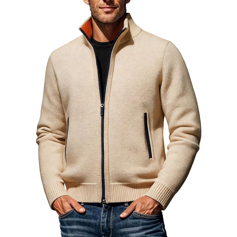 Men S Long Sleeve Stand Collar Zip Up Knit Cardigan Fleece Warm Coat