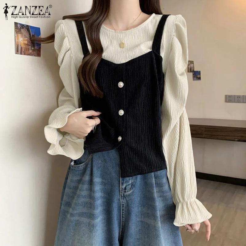 ZANZEA Женская повседневная блузка с длинным рукавом из двух частей в стиле пэчворк