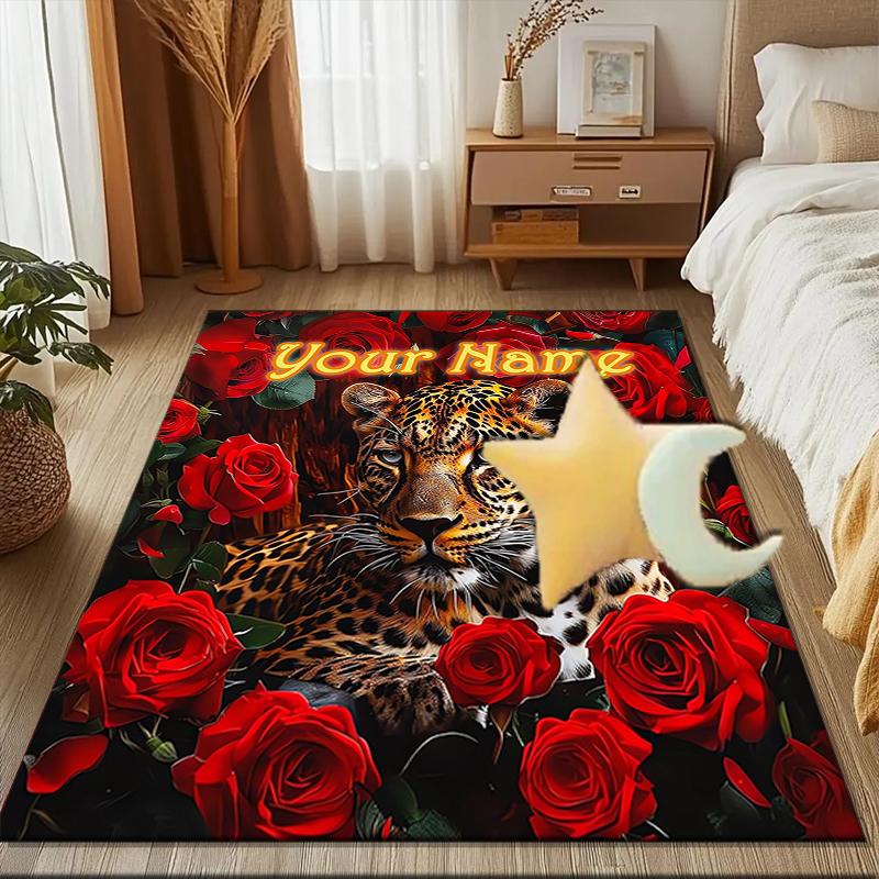 1PC Custom Name "Leopard Roses Art" Theme Floor Mat Ideal for Living Room, Game Rooms, Office, Bedroom, Floor Mat Playful Design