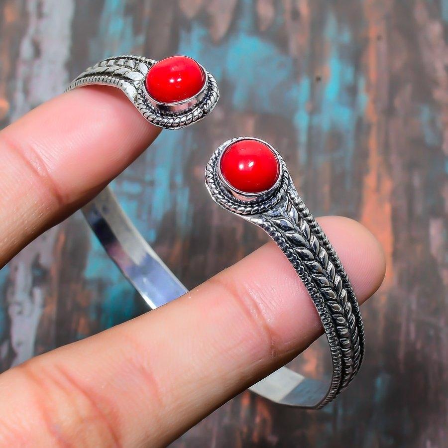Итальянский красный коралловый драгоценный камень ручной работы стерлингового серебра 925 пробы браслет регулируемый