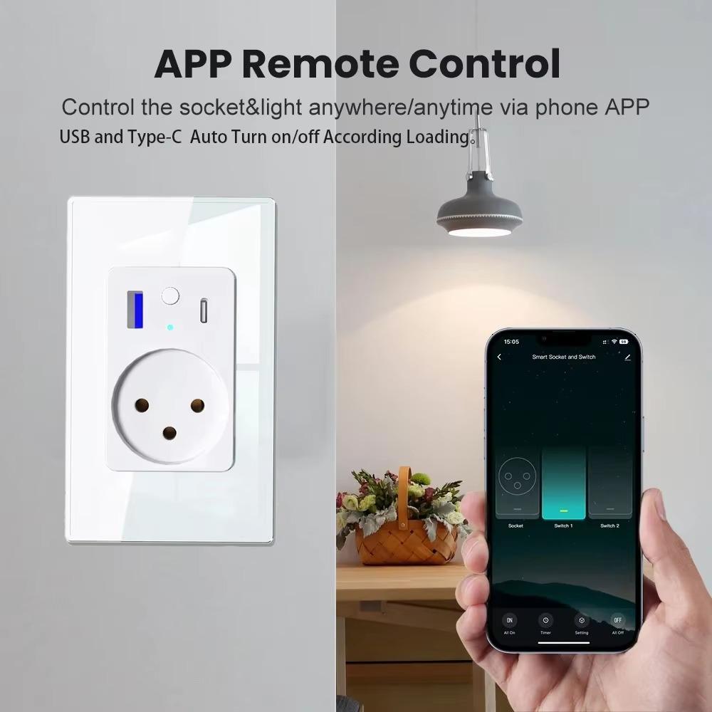 Melery Wi-Fi Smart Israel Wall Socket USB Type-C PD 30W Fast Charge Power Outlet Glass Panel App Voice Remote Alexa Google Home