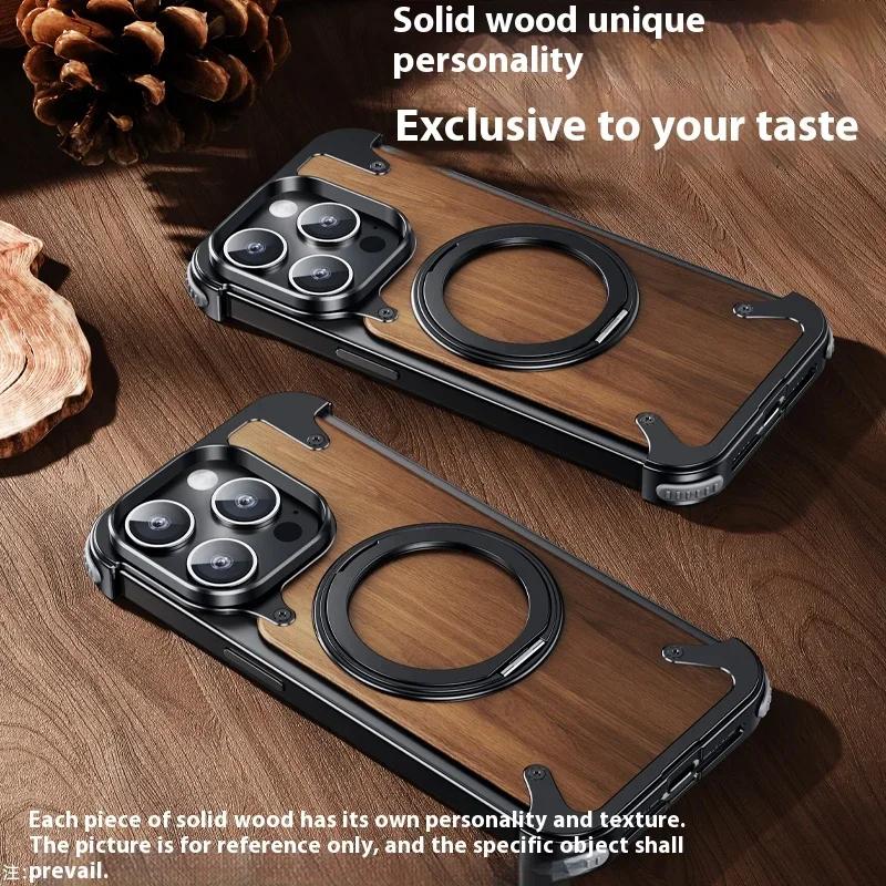 360 ° Rotating Ring Stand Phone Case For iPhone 16 15 14 Pro Max Magsafe Magnetic Stand Walnut Metal Frameless Protective Cover