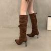 Плиссированные женские сапоги до колена с острым носком на высоком каблуке, женская обувь весна-осень, замшевые модные однотонные сапоги-рыцари