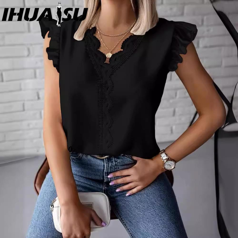IHUASU Summer Ruffled Simple V-neck Lace Patchwork Loose Shirt Women T-shirt