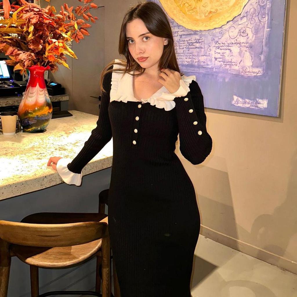 Elegant Ruffled Maxi Dresses For Women Autumn Winter Knitted Slim Long Dress Women's Vintage Dress Woman Retro Knitwear