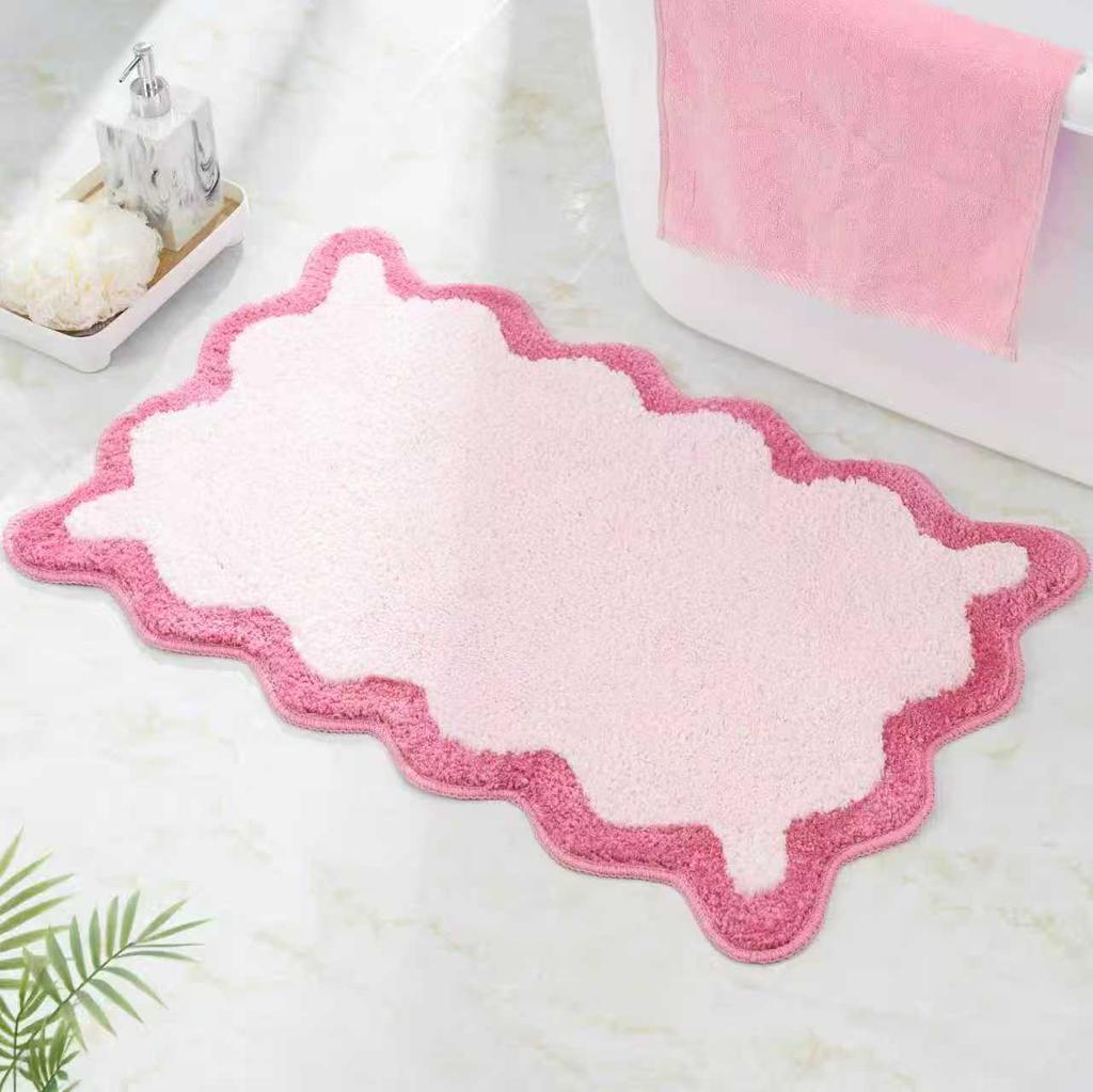 Luxury Cute Bathroom Rugs, White Bath Mat W/Blue Scalloped Edge, Microfiber Aesthetic Trendy Funky Fun Preppy Rug
