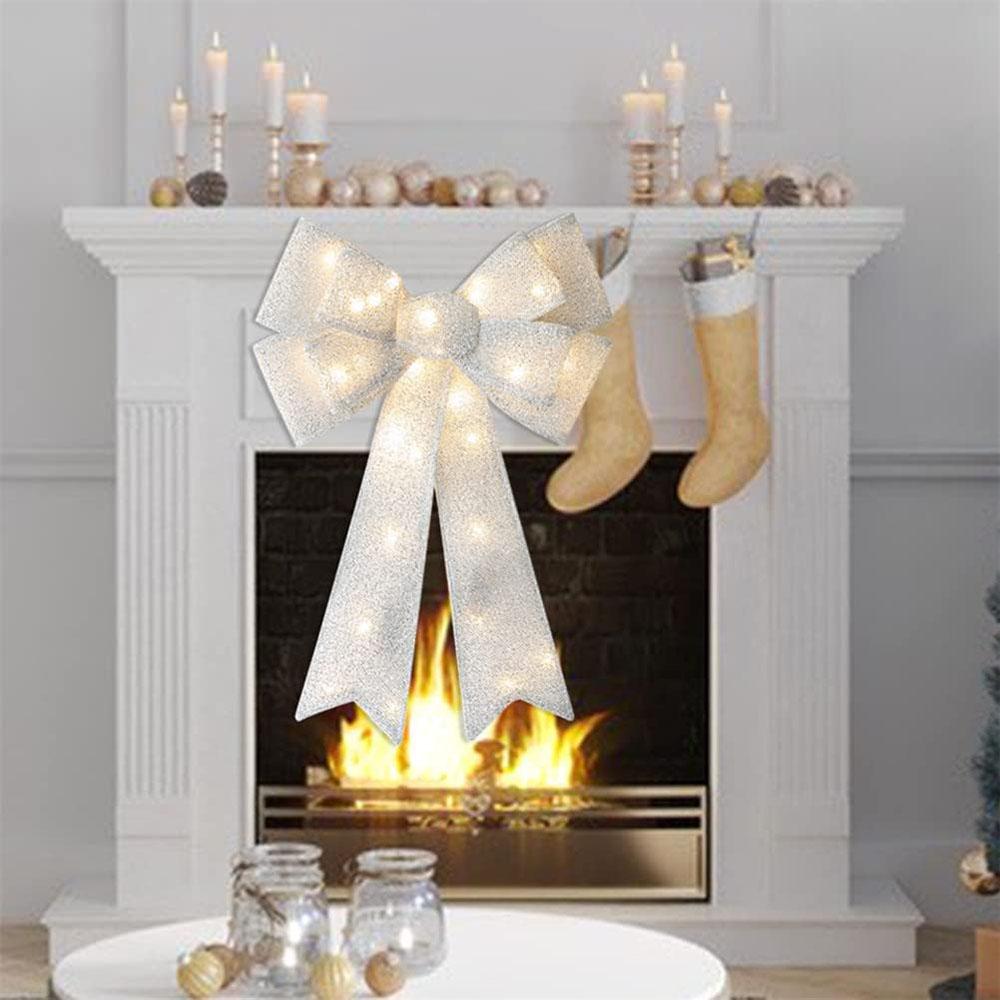 LED Christmas Bow Silver Door Window Xmas Tree Wedding Decoration Bows 15" X 21