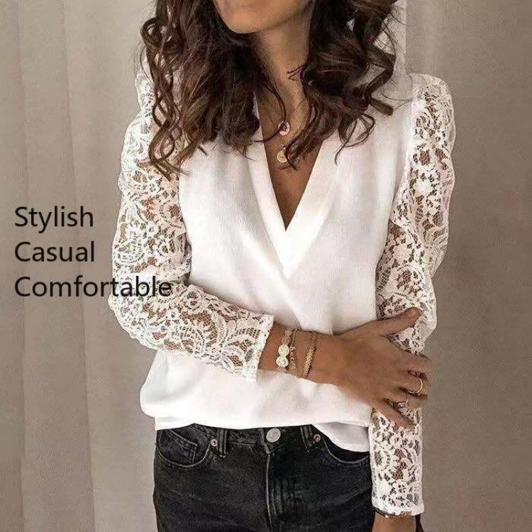 Модная повседневная женская блузка с длинным рукавом, топ с V-образным вырезом, однотонный принт для весны и осени