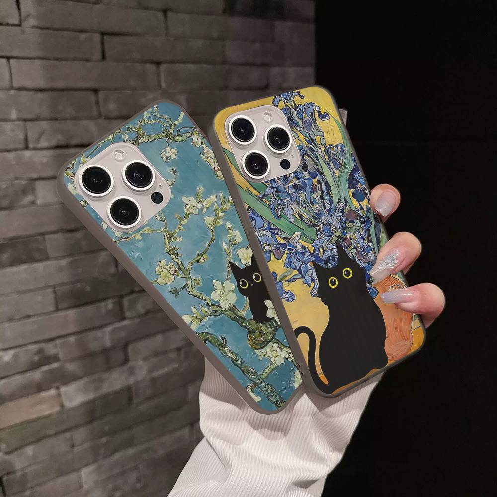 Забавные коты Ван Гог Для IPhone 16 15 14 13 12 11 17 Pro Max Plus Волна Гофрированный чехол для телефона Противоударная крышка