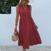 GMXIA Summer Sleeveless Pleated Skirt Loose V-neck Midlength Dress