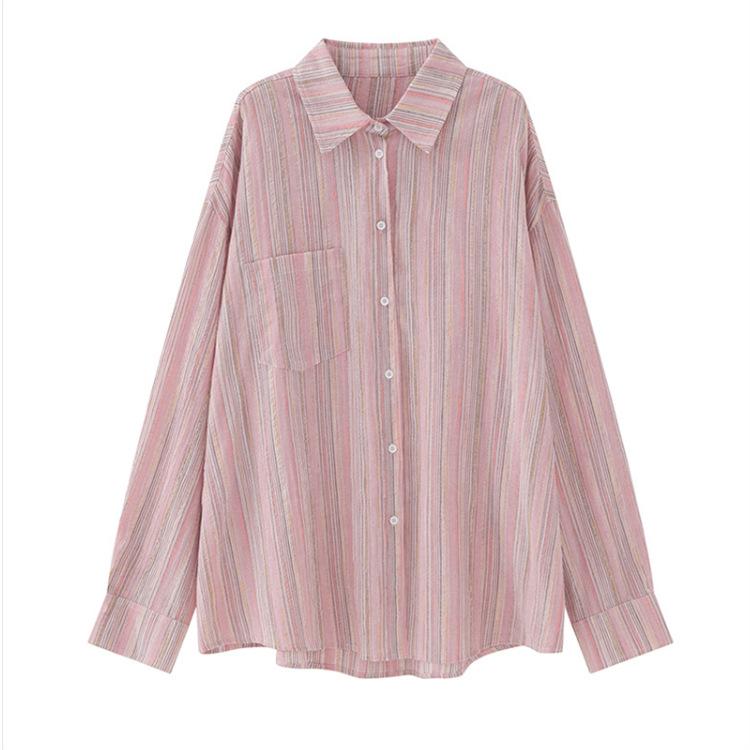 Рубашка в розовую полоску, женская рубашка Lazy Wind, свободная, с длинными рукавами, солнцезащитная блузка, куртка, тонкие модели, винтажная, базовая, офисная, повседневная женская рубашка