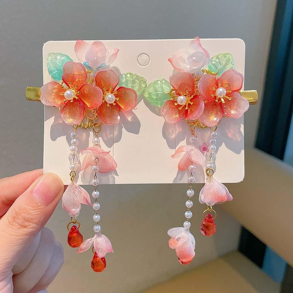 1 Pair Floral Tassel Pearl Bunny Hair Clips Vibrant Color Fairy Hairpins Hanfu Hair Clips Festival