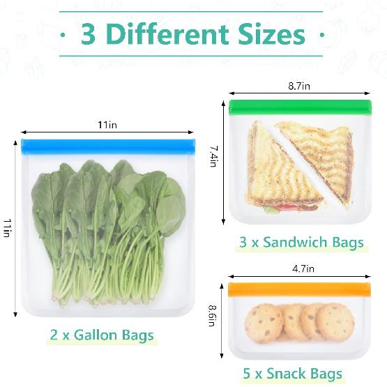 10 Pack Reble Sandwich Bags, Dishwasher Safe Food Storage Bags, Leakproof Freezer Bags for Marinate Meats, Travel, Lunch, 2 Gallon 3 Sandwich 5 Snack
