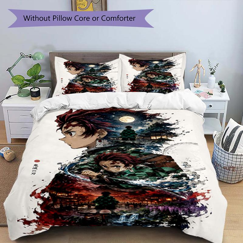 3pcs Duvet Cover Set (1*Duvet Cover + 2*Pillowcase, Without Core), Demon Slayer Print Bedding Set, Bedroom Decor, All‑Season, Birthday Gift