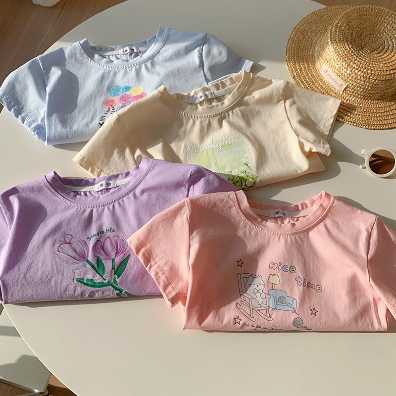 Girls Summer Cartoon Print Short Sleeve T Shirt Breathable Round Neck Baby Top Fashionable Kids Clothing