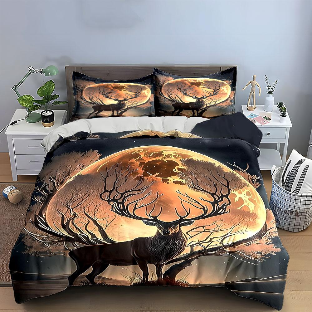 "Forest Deer Moonlit Night Decor" Bedding Set with 1 Duvet Cover 2 Pillowcases Single Double King Queen, Gift