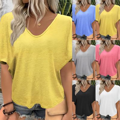 Футболка европейско-американского кроя 2024 года с V-образным вырезом, плиссированная, свободного кроя, с короткими рукавами, в ярких тонах.