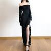 Women's Solid Colour Temperament One Shoulder Long Ruffle Hem Split Long Sleeve Dresses
