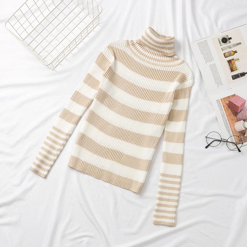 Свитер женский, водолазка, трикотаж, черно-белый полосатый пуловер, корейский тонкий топ, модный свитер, осенне-зимняя мода