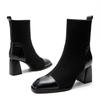 Мода 2024 года, новые ботильоны на высоком каблуке для женщин, корейский стиль, модные женские ботинки с квадратным носком, удобные черные короткие ботинки на толстом каблуке