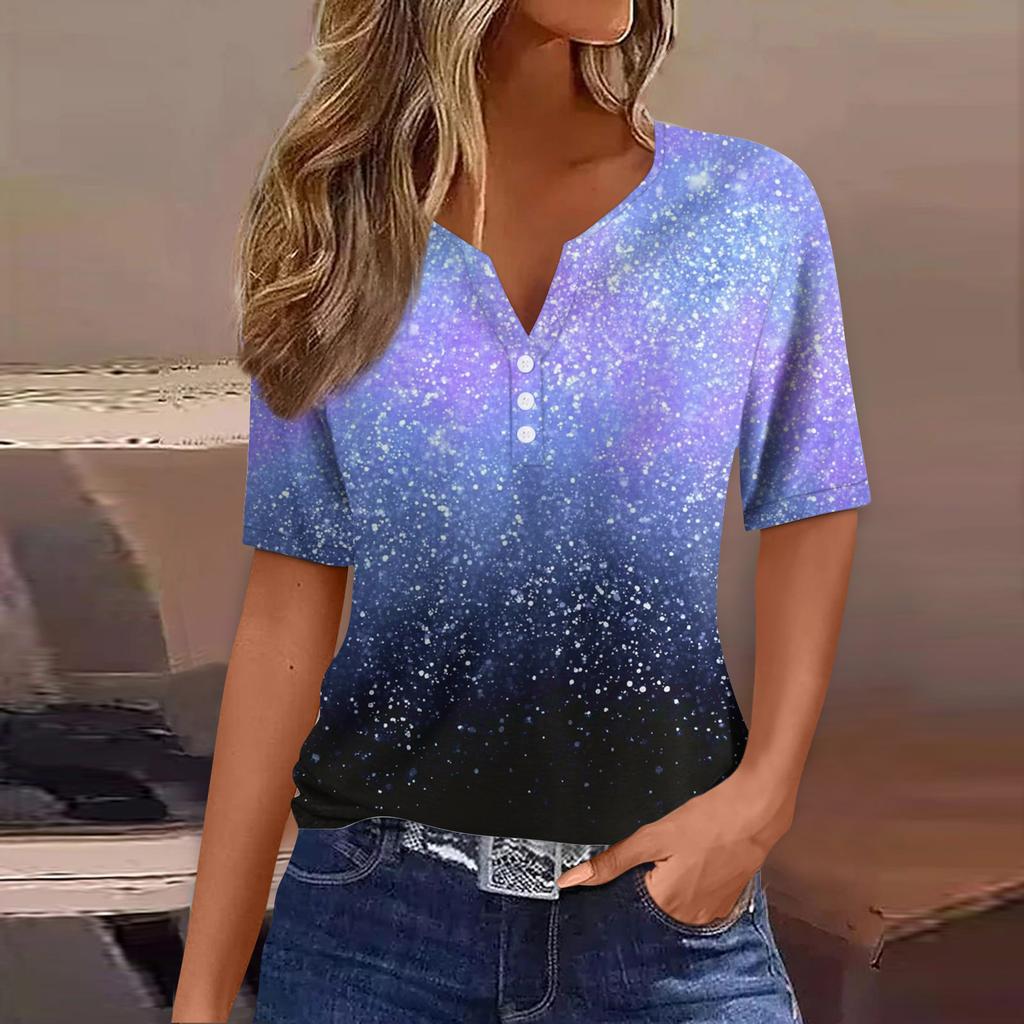 Женская футболка Футболка Принт Пуговица Короткий рукав Повседневная Мода для выходных Базовая V-образный вырез Обычный топ